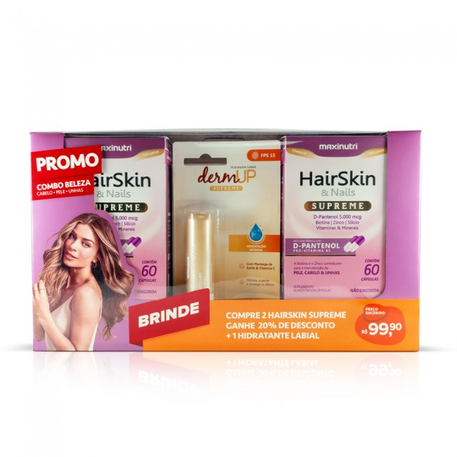 Combo Beleza 02 HairSkin Supreme 60 Cápsulas + Hidratante Labial Loja Maxinutri Combo Beleza 02 HairSkin Supreme 60 Cápsulas + Hidratante Labial Loja Maxinutri