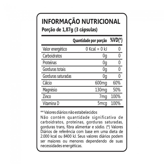 Cálcio Magnésio Zinco Vitamina D 600mg 60 Cápsulas