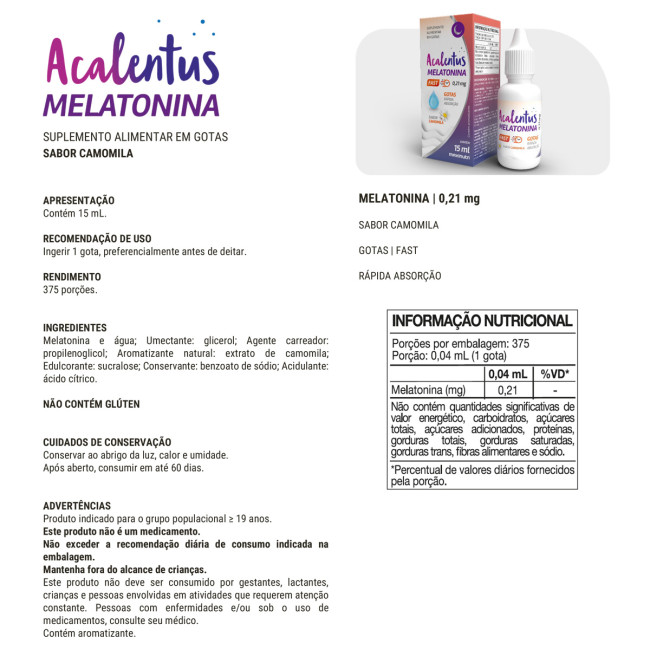Acalentus Melatonina + Camomila 210mcg Gotas 15ml Maxinutri Acalentus Melatonina + Camomila 210mcg Gotas 15ml Maxinutri