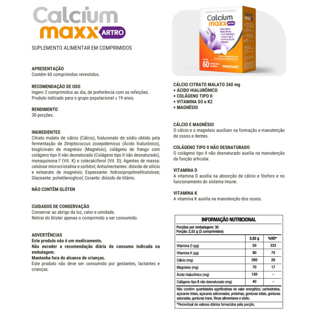 Calcium Maxx ARTRO Cálcio Citrato Malato 260mg 