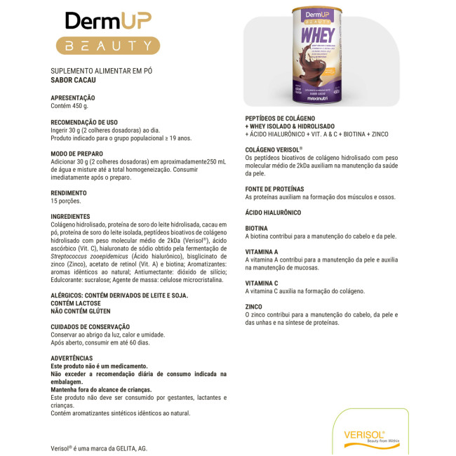 DermUp Beauty Whey Sabor Cacau 450g Maxinutri