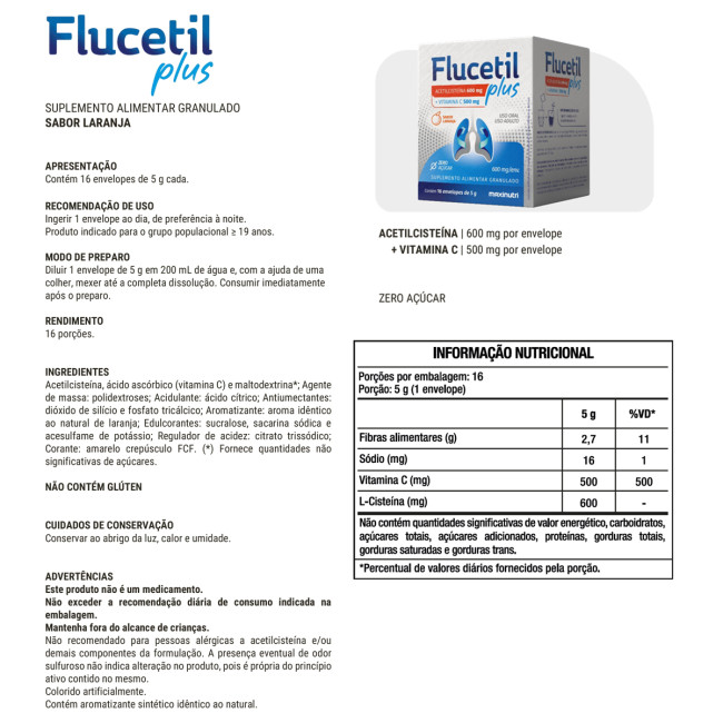 Flucetil Plus + Vit C 500mg Sachê Granulado Sabor Laranja 16x5g 