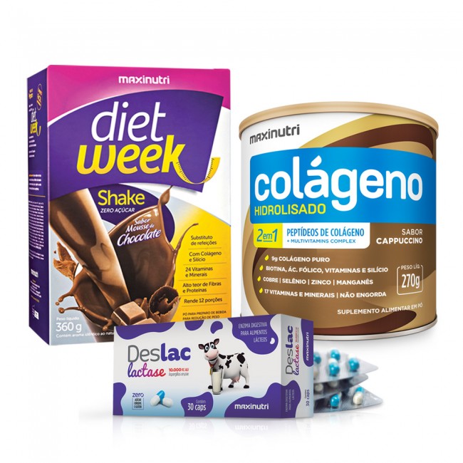 Kit Diet Week Chocolate + Colágeno Cappuccino + Deslac 30 Cápsulas