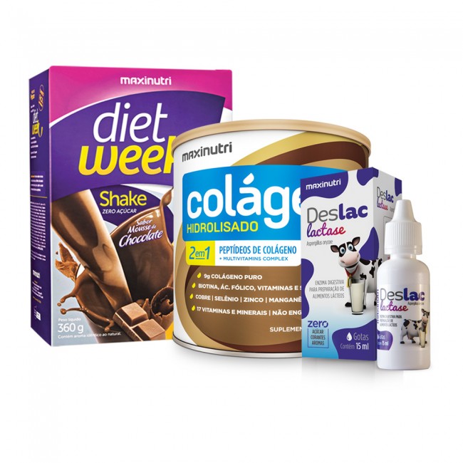 Kit Diet Week Chocolate + Colágeno Cappuccino + Deslac Gotas 15ml