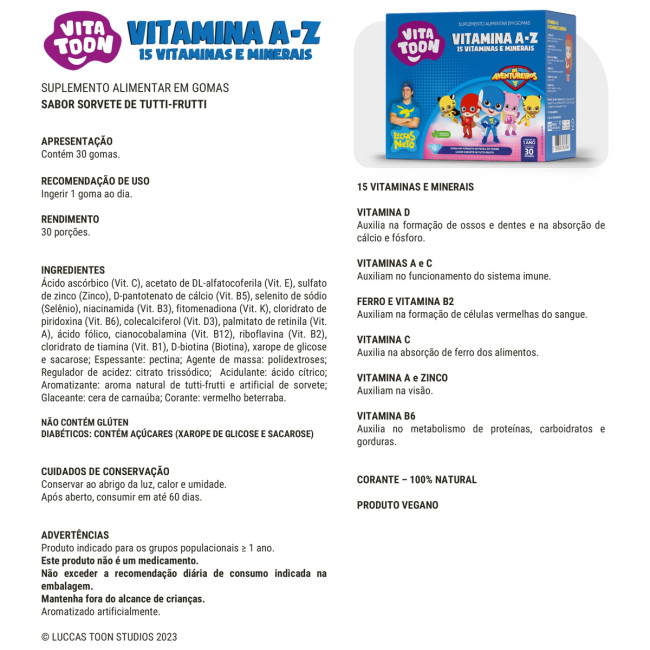 VitaToon Polivitamínico A-Z - Sabor Tutti-frutti - 30 gomas